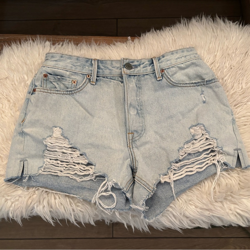 GRLFRND Blue High-Waisted Distressed Jean Shorts